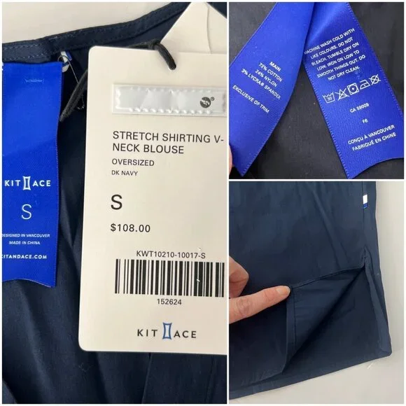 NWT Kit & Ace Stretch Shirting Navy V-Neck Button Down Blouse Oversized Size S - Picture 8 of 9